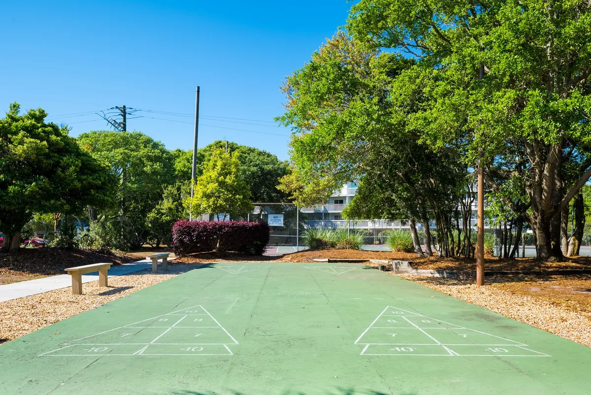 A well-maintained shuffleboard court nestled among benches and greenery, inviting families to engage in friendly competition and outdoor play. The setting is bright and playful, with ample space for children and adults to enjoy classic resort activities.
